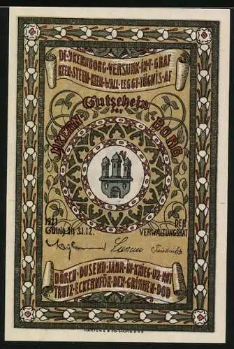 Notgeld Eckernförde, 1921, 50 Pf, Stadtansicht und mittelalterliche Burgillustration