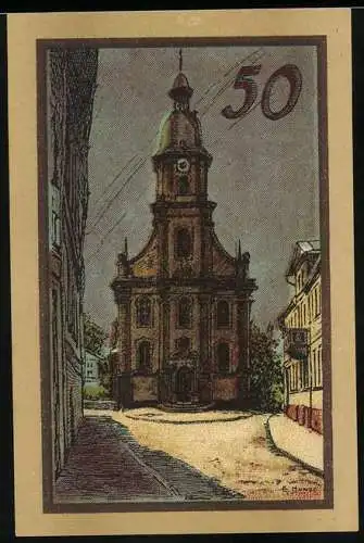 Notgeld Suhl, 50 Pfennig, historische Kirche und Stadtwappen, Druck Adolf Forwer Leipzig