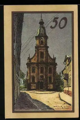 Notgeld Suhl, 50 Pfennig, Vorderseite zeigt eine Kirche, Stadtwappen und Text