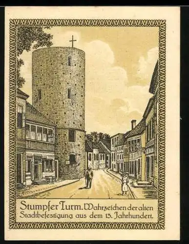 Notgeld Lenzen / Elbe 1921, 75 Pfennig, Stumpfer Turm Wahrzeichen der alten Stadtbefestigung aus dem 13. Jahrhundert