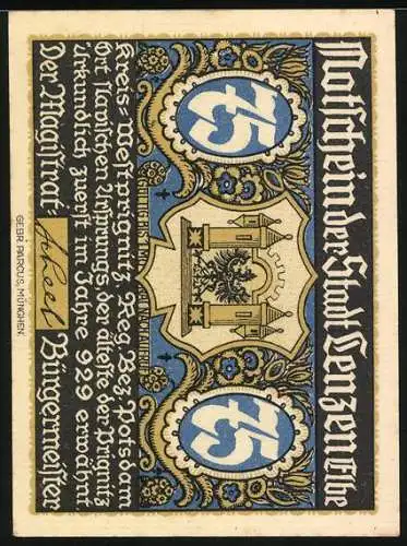 Notgeld Lenzen / Elbe 1921, 75 Pfennig, Turnvater Friedrich Ludwig Jahn Porträt und Stadtwappen mit Ornamenten