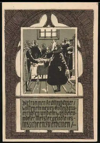 Notgeld Recklinghausen, 1921, 50 Pfennig, Darstellung eines Gotteshausbaus und Stadtsilhouette