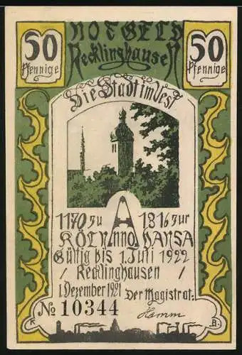 Notgeld Recklinghausen, 1921, 50 Pfennig, Darstellung eines Gotteshausbaus und Stadtsilhouette