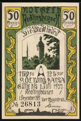 Notgeld Recklinghausen 1921, 50 Pfennig, Stadtansicht und Prozession in der Kirche