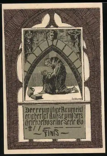 Notgeld Recklinghausen, 1921, 50 Pfennig, betender Mönch und Stadtbild mit Turm