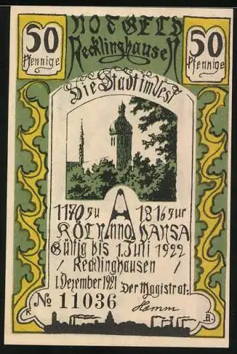 Notgeld Recklinghausen, 1921, 50 Pfennig, betender Mönch und Stadtbild mit Turm