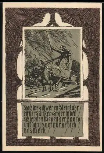 Notgeld Recklinghausen, 1921, 50 Pfennig, Stadtansicht und Arbeiter mit Hammer im Regen