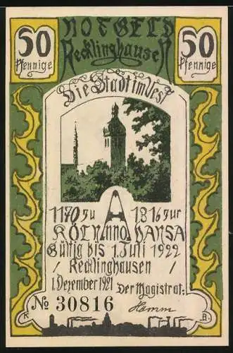 Notgeld Recklinghausen, 1921, 50 Pfennig, Stadtansicht und Arbeiter mit Hammer im Regen