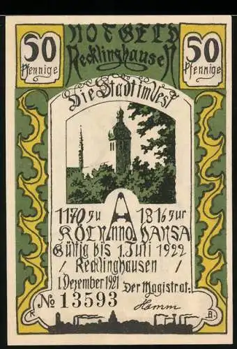 Notgeld Recklinghausen, 1921, 50 Pfennig, Abbildung von Stadtturm und Text, Zeichnung eines Mannes