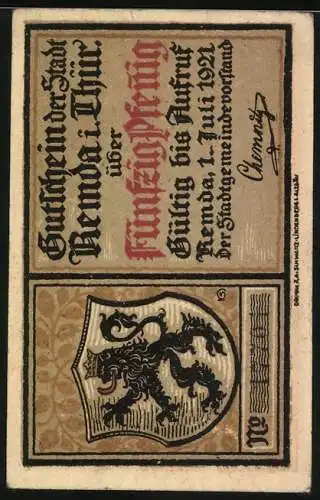 Notgeld Remda 1921, 50 Pfennig, Burg Ehrenstein bei Remda mit Wappen und historische Figuren