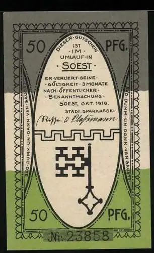 Notgeld Soest 1919, 50 Pfennig, Städtische Sparkasse mit historischem Gebäude und Unterschrift