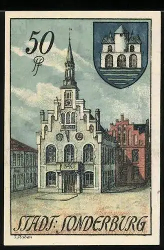 Notgeld Sonderburg, 1920, 50 Pf, Stadtwappen und Rathaus, Dybbøl Mølle