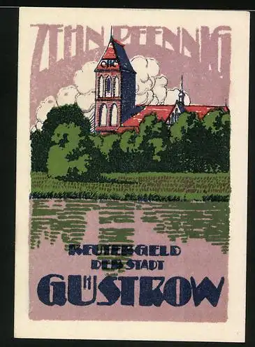 Notgeld Güstrow, 1922, 10 Pfennig, Vorderseite Rind und Rückseite Stadtansicht mit Kirchturm