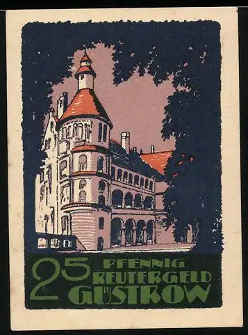 Notgeld Güstrow, 1922, 25 Pfennig, Reutergeld mit Gebäude und Pferde-Illustration