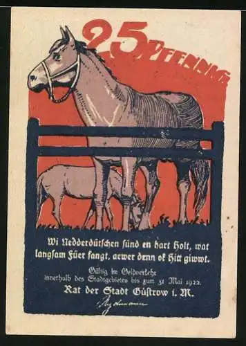 Notgeld Güstrow, 1922, 25 Pfennig, Reutergeld mit Gebäude und Pferde-Illustration