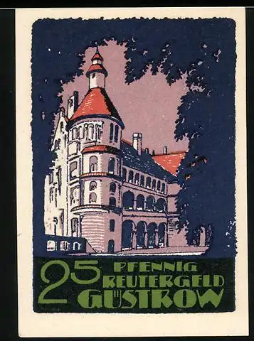 Notgeld Güstrow, 1922, 25 Pfennig, Pferd mit Fohlen und Gebäude im Hintergrund