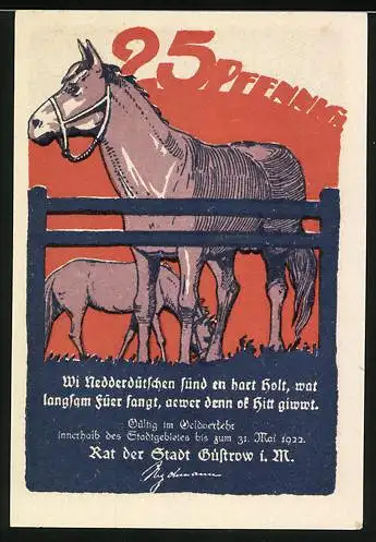 Notgeld Güstrow, 1922, 25 Pfennig, Pferd mit Fohlen und Gebäude im Hintergrund