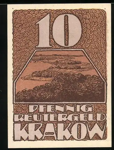 Notgeld Krakow, 10 Pfennig, Landschaftsmotiv mit Baum und Gedicht, 1920