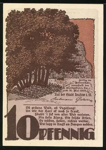 Notgeld Krakow, 10 Pfennig, Landschaftsmotiv mit Baum und Gedicht, 1920