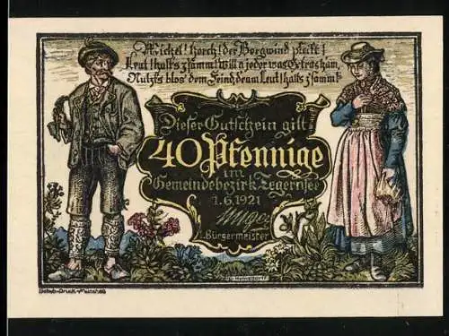 Notgeld Tegernsee, 1921, 40 Pfennig, Darstellung von Mann und Frau, Landschaft mit See und Blumen