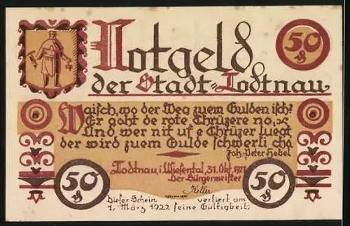 Notgeld Todtnau, 1921, 50 Pfennig, Kirche und Text mit rotem Siegel