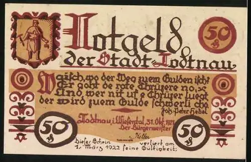 Notgeld Todtnau, 1921, 50 Pfennig, Landschaft mit Bergen und historische Schriftzüge