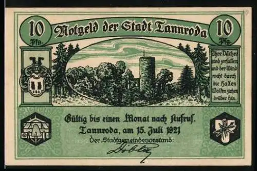 Notgeld Tannroda 1921, 10 Pfennig, Burgruine und Stadtwappen, grün