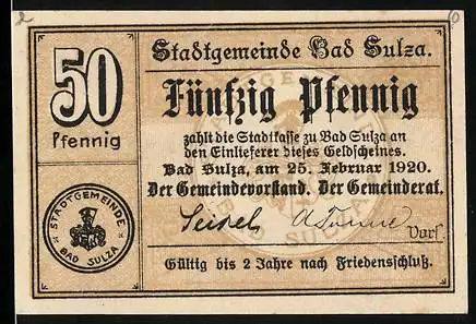 Notgeld Bad Sulza 1920, 50 Pfennig, Stadtgemeinde Bad Sulza mit Sonnenburg-Motiv und Gruss aus Thüringen