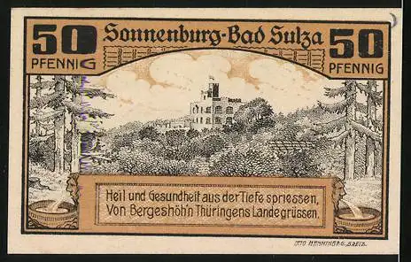 Notgeld Bad Sulza 1920, 50 Pfennig, Stadtgemeinde Bad Sulza mit Sonnenburg-Motiv und Gruss aus Thüringen