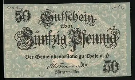 Notgeld Thale a. H., 1921, 50 Pfennig, Gutschein der Gemeindevorstand mit Gültigkeit bis 31. Dezember 1922