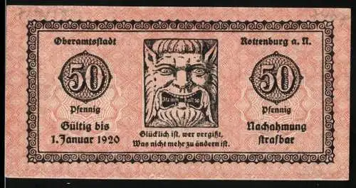 Notgeld Rottenburg a. N. 1918, 50 Pfennig, Illustration mit Stadtwappen und Gebäude, gültig bis 1. Januar 1920