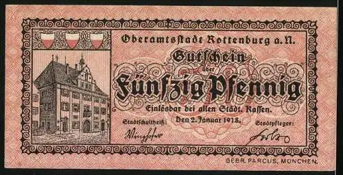 Notgeld Rottenburg a. N. 1918, 50 Pfennig, Illustration mit Stadtwappen und Gebäude, gültig bis 1. Januar 1920