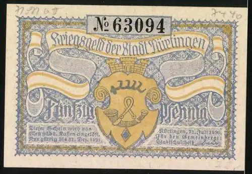 Notgeld Nürtingen, 1921, 50 Pfennig, Stadtansicht und Wappen mit Nummer 63094