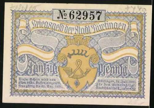 Notgeld Nürtingen 1920, 50 Pfennig, Stadtansicht und Wappen, Seriennummer 62957