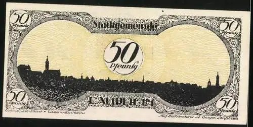 Notgeld Laupheim 1919, 50 Pfennig, Stadtgemeinde, Stadtansicht und Wappen