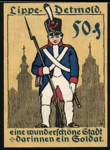 Notgeld Detmold, 1920, 50 Pfennig, Soldat vor Stadtansicht, Text der Stadt auf Rückseite