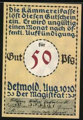 Notgeld Detmold, 1920, 50 Pfennig, Soldat vor Stadtansicht, Text der Stadt auf Rückseite