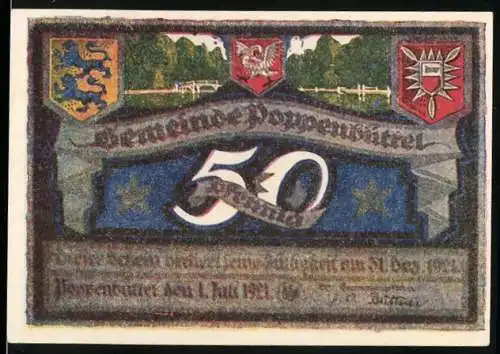 Notgeld Poppenbüttel 1921, 50 Pfennig, Wappen und Landschaft mit Bäumen und Fluss