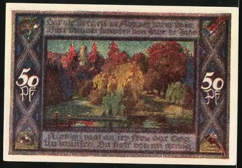 Notgeld Poppenbüttel 1921, 50 Pfennig, Wappen und Landschaft mit Bäumen und Fluss