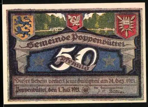 Notgeld Poppenbüttel, 1921, 50 Pfennig, Landschaft mit Fluss und Wappen