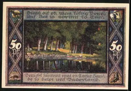 Notgeld Poppenbüttel, 1921, 50 Pfennig, Landschaft mit Fluss und Wappen