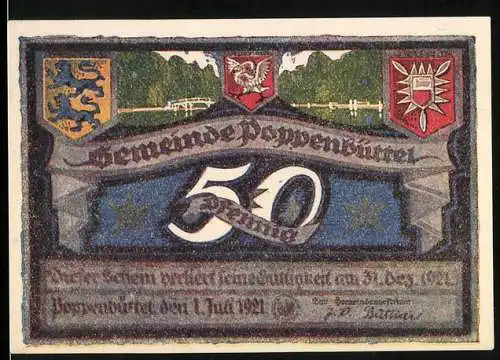 Notgeld Poppenbüttel 1921, 50 Pfennig, Wappen und Landschaftsmotiv