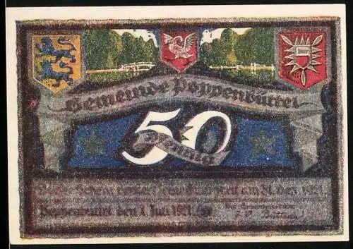 Notgeld Poppenbüttel, 50 Pf, Wappen und Landschaftsmotiv