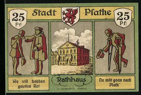 Notgeld Plathe, 1921, 25 Pf, Stadt Plathe, Rathaus und Gebäudeillustrationen, städtische Sparkasse