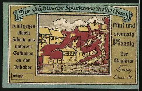 Notgeld Plathe, 1921, 25 Pf, Stadt Plathe, Rathaus und Gebäudeillustrationen, städtische Sparkasse