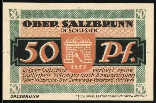 Notgeld Ober Salzbrunn, 1921, 50 Pfennig, Vorderseite Stadttor und Rückseite 700 Jahr-Feier mit Landschaft