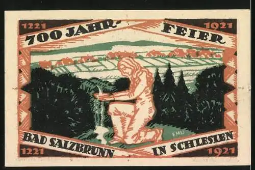 Notgeld Ober Salzbrunn, 1921, 50 Pfennig, Vorderseite Stadttor und Rückseite 700 Jahr-Feier mit Landschaft