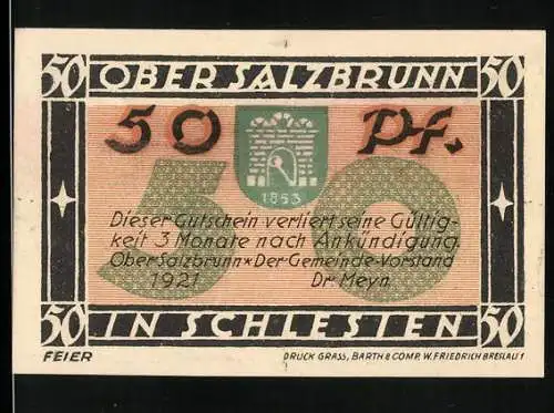 Notgeld Ober Salzbrunn 1921, 50 Pfennig, 700 Jahr-Feier Bad Salzbrunn in Schlesien