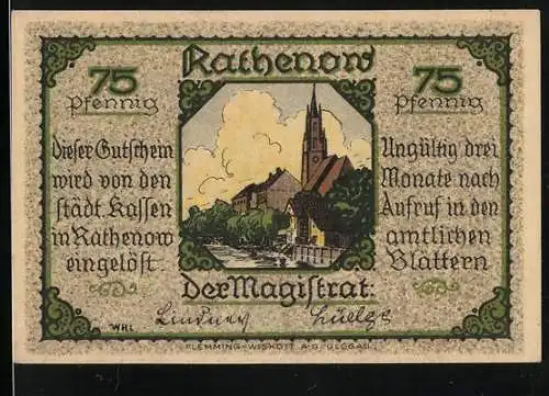 Notgeld Rathenow, 75 Pfennig, Stadtansicht und Unterschriften, Reiter auf Pferd