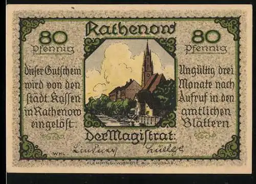 Notgeld Rathenow, 80 Pfennig, Stadtansicht und Reiter auf Pferd